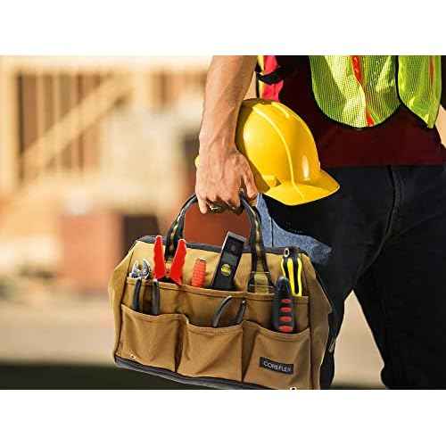 Coreflex 14 inch Wide-Mouth Tool Bag, Gear Bag, Multiple Purpose - for Plumbers, Electricians, Handymen also good for daily use, office use and camping. (Tan)