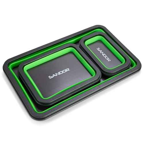 Collapsible Magnetic Parts Tray Set - 3 Different Size Tool Trays for Screw, Bolts, Nuts, Washers, Pins and Other Small Metal Parts, Mechanic Tool Gifts for Men - Green