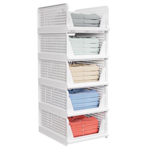 White 5 Pack Stackable Closet Storage Baskets - Multi-Functional Organizers