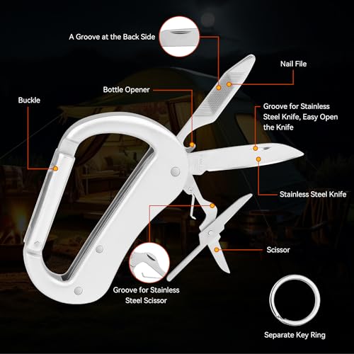 Multitool Carabiner with Pocket Knife, Bottle Opener,Nail file,Small Scissors,EDC Carabiners Keychain with Folding Knives,Auxiliary Tools for Camping,Hiking,Outdoor Activities(Silver)