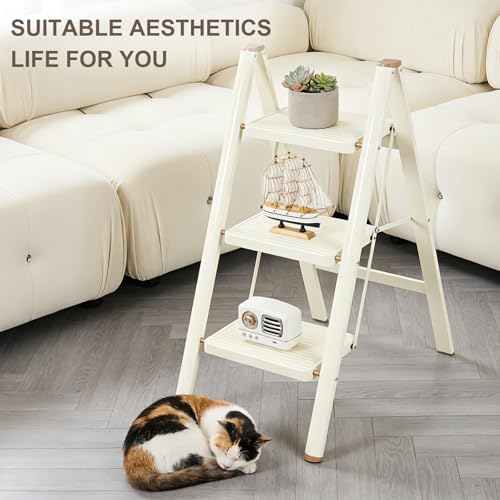 Valeo Cream White 3-Step Foldable Ladder with Wide Anti-Slip Pedals, Supports 330 LBS
