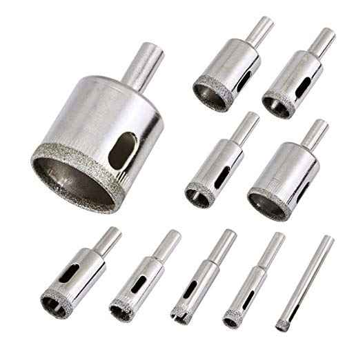 Diamond Drill Bits Set, 10 PCS Diamond Hole Saw Set, Glass Drill Bit for Ceramic Tile Porcelain Marble Granite Stone Bottles, 1/4 to 1-1/5 Inch