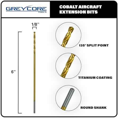 Greycore Tools 1/8 Inch x 6 Inch Cobalt Aircraft Extension Bit ? 2 Pack M35 Cobalt Drill Bit, Industrial Titanium Coating ? Drill Bits for Steel, Hard Metal, Cast Iron, Wood, Plastic (1/8" x 6")