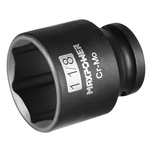 MAXPOWER 1/2 Inch Drive 1-1/8 Inch Standard Impact Socket, Made with Heat-Treated Chrome Molybdenum Steel, 6-Point Design, SAE