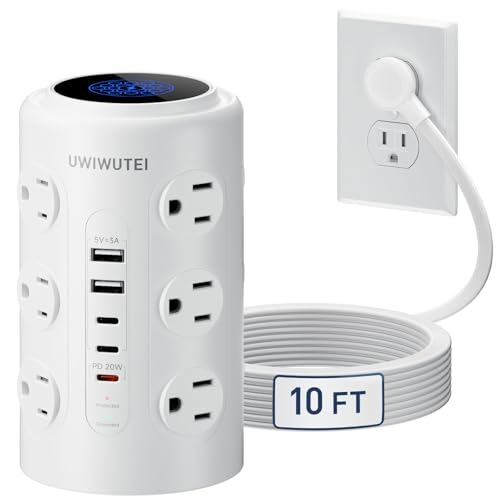 10FT White Tower Power Strip with 20W PD USB-C Fast Charging Port