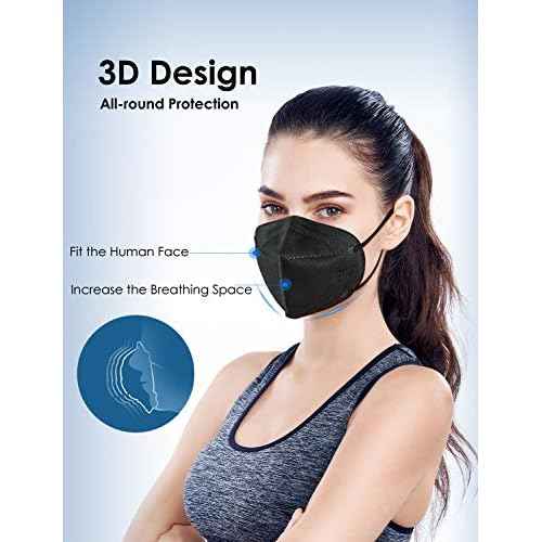 HUHETA KN95 Face Masks, Packs of 30 Individually Wrapped, 5-Ply Breathable and Comfortable Safety Mask, Filter Efficiency Over 95%, Protective Cup Dust Masks Against PM2.5 (Black Mask)