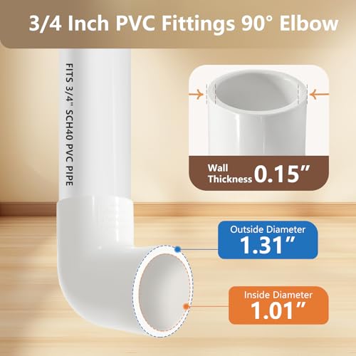 Lesso 10 Pack 3/4 Inch 2-Way 90 Degree PVC Elbow Fittings for Plumbing & DIY Projects