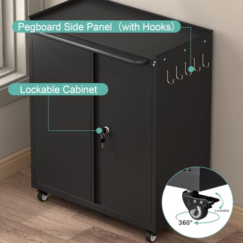 GreatMeet Black Rolling Garage Storage Cabinet with Lockable Doors, 26W x 14D x 31.88H