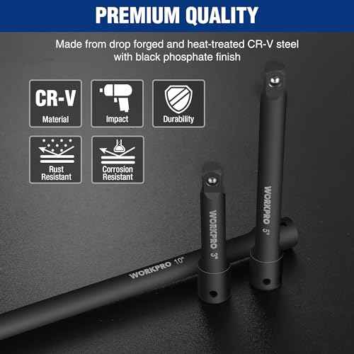 WORKPRO 3/8" Drive Impact Extension Bar Set, 3 PCS Socket Extensions, 3¡±, 5¡± and 10¡± Length, Premium Chrome Vanadium Steel with Black Phosphate Finish