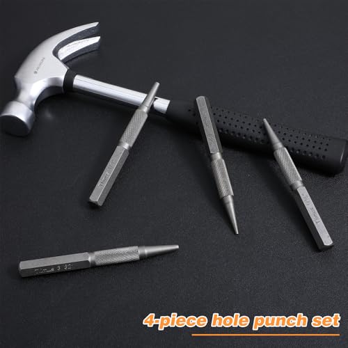 4PCS Nail Punch and Center Punch Set Nail Driver Tool Hardened Cr-V Steel Knurled Grip Punches Set 1/32", 1/16", 3/32" Nails Setter & 1/8" Center Punches Tool for Metal, Wood, Plastic