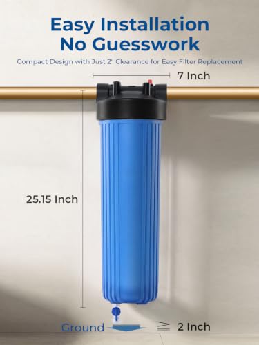 Purcooflow 20 x 4.5 Inch Whole House Water Filter Housing with Bottom Drain - Heavy Duty, BPA-Free, Double O-Ring Seal