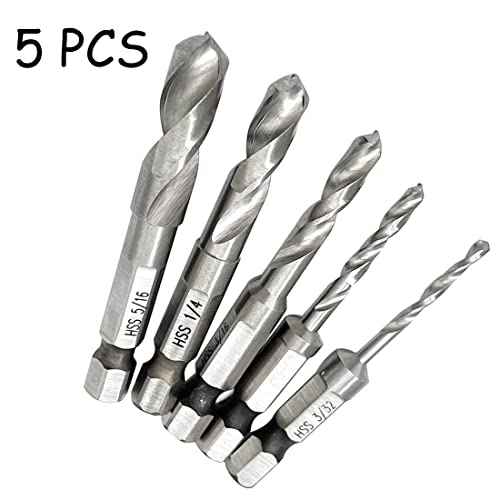 5PCS Stubby Drill Bit Set Short Drill Bits HSS 4241 Steel 1/4" Quick Change Hex Shank 3/32, 1/8, 3/16, 1/4, 5/16 Inch for Woodworking