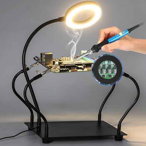NZQXJXZ Helping Hands Soldering Station with 3x Magnifying Glass and Light, Soldering Holder Metal Circuit Board Holder 4 Flexible Metal Arms Magnetic Helping Hand for Soldering, Assembly, Repair