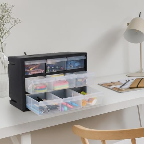 Guankan Plastic Parts Cabinet with 9 Drawers, Black Desktop Storage Organizer