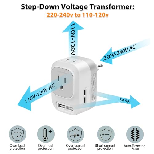 Mapambo European Voltage Converter 220V to 110V with 6-in-1 USB & Travel Adapter