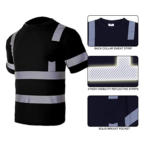 VENDACE Safety Shirts for Men 3 Pack High Visibility Reflective Hi Vis Short Sleeve Work Shirt Black (Black,L)