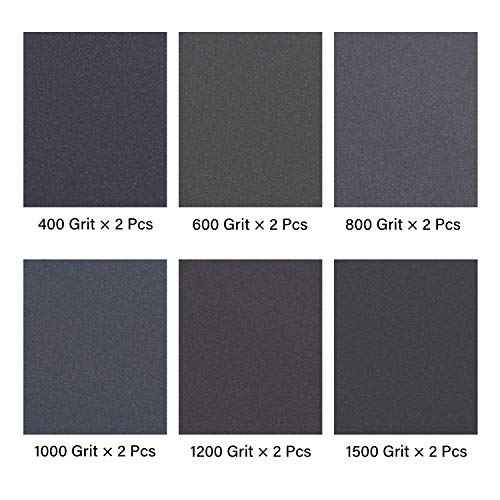 Abrasive Dry Wet Waterproof Sandpaper Sheets Assorted Grit of 400/600/ 800/1000/ 1200/1500 for Furniture, Hobbies and Home Improvement, 12 Sheets (9 x 11 Inch)