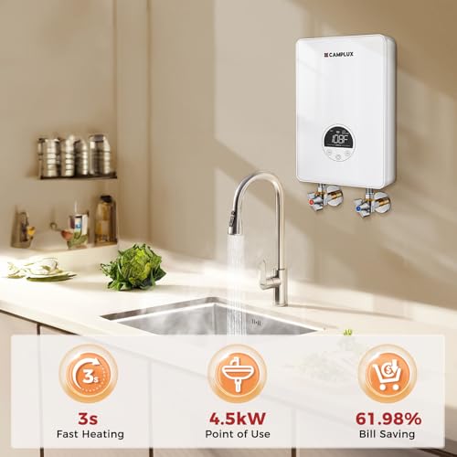 Camplux 4.5kW Electric Tankless Water Heater for Under Sink, Point-of-Use, Wall-Mounted, Digital Display