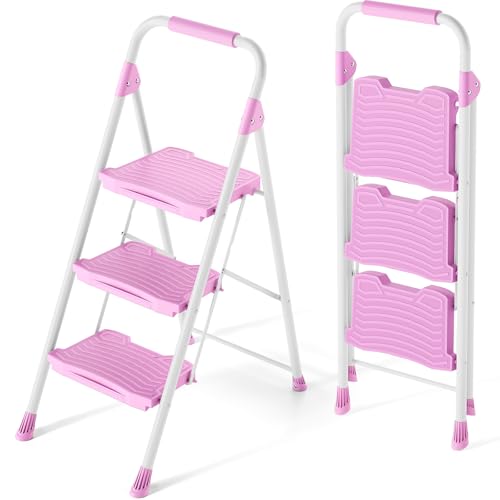KINGRACK Pink 3-Step Ladder with Handrail, Anti-Slip Wide Pedals, 900lbs Capacity, Foldable Household & Garage Step Stool