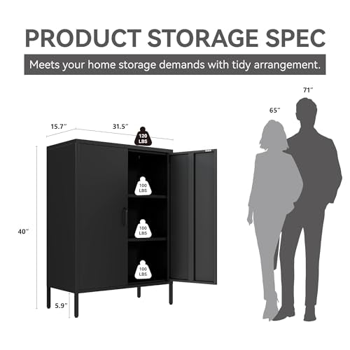 XIOMIOHTRQ Black Metal Locker Cabinet 40x31.5x15.7 Inches with Adjustable Shelves