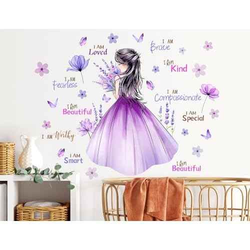 Butterfly Girl Wall Decal Flower Fairy Princess Wall Stickers Inspirational Quote Purple Lavender Floral Vinyl DIY Removable Peel and Stick Nursery Wall Decor for Kids Baby Bedroom Decoration DT-8617
