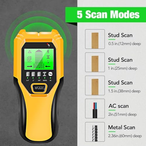 FOLAI Yellow 5-in-1 Stud Finder Wall Scanner with LCD & Audio Alarm