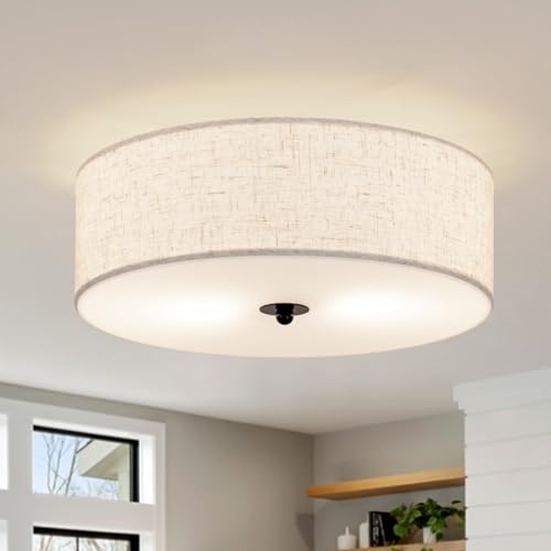 CALOKES Beige Fabric Drum Flush Mount Ceiling Light, 13-inch Modern Round Fixture for Bedroom & Kitchen
