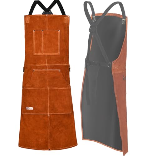 LeaSeek Leather Welding Apron - Flame and Heat Resistant Bib Apron with 6 Pockets