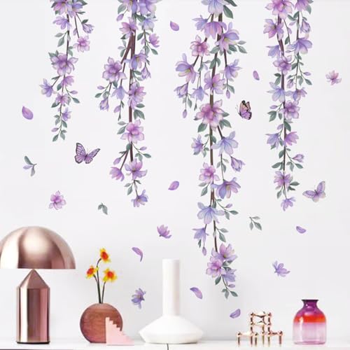 Hanging Purple Flower Wall Stickers Vine Floral Wall Decals for Girls Kids Bedroom Nursery Living Room TV Wall Decor