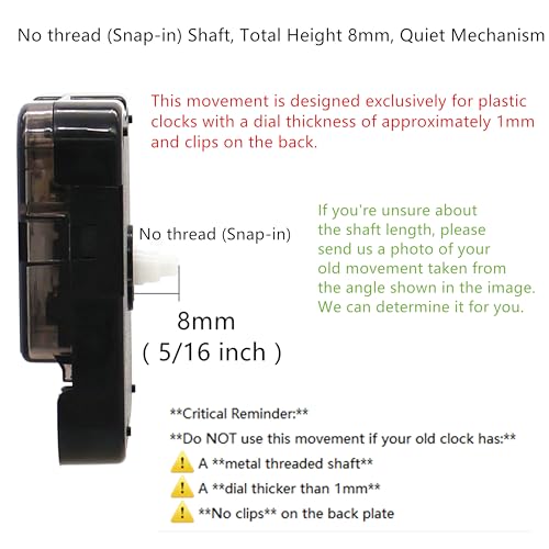 TIKROUND 12888 Snap-In No Thread Quartz Clock Movement Replacement D Hands - Total 46mm