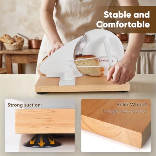 Brvclon Manual Bread Slicer White – Adjustable 0–0.9" Thickness, Solid Wood Base