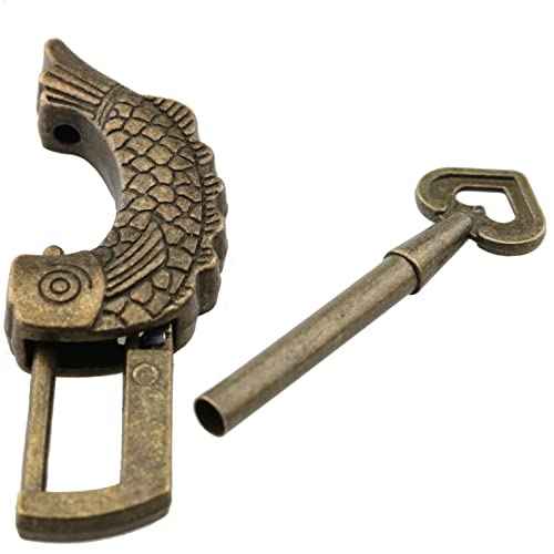 Fish Shaped Retro Padlock with Key and Tassels, Retro Antique Wooden Box Lock Alloy Jewelry Box Fish Pattern Lock