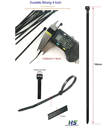 HS 4-Inch Black Nylon Cable Ties Bulk Pack 1000 - Heavy Duty Self-Locking Wire Ties