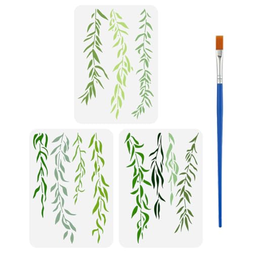 FINGERINSPIRE 3 PCS Willow Leaves Painting Stencil with a Paint Brush 8.3x11.7inch 3 Styles Weeping Leaves Stencil Leaves Vines Template for Painting on Wall Wood Furniture DIY Home Decoration