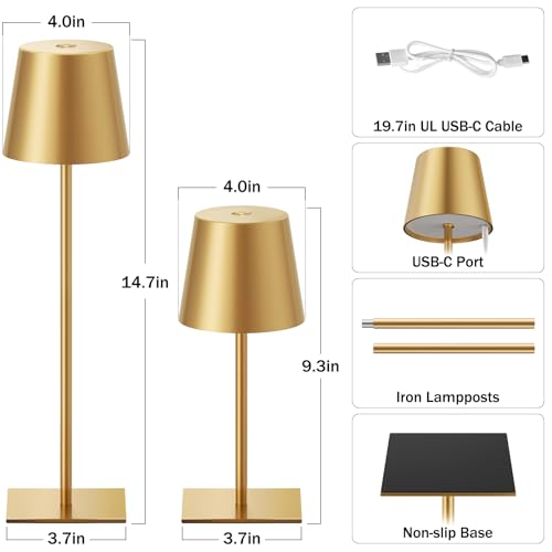 Kakanuo Gold Rechargeable Cordless Table Lamp Set - 2 Pack, Touch Dimmable, Portable
