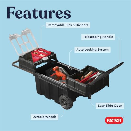 Keter Masterloader Resin Rolling Tool Box with Locking System, 6 Removable Bins, Black/Red