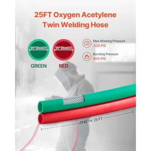 VEVOR Oxygen Acetylene Hose, 1/4-Inch x 25FT Oxy Acetylene Hose with 9/16"-18 LH/RH B Fittings, R Grade Welding Torch Twin Hose with 300PSI Maximum Working Pressure for Cutting Soldering Brazing