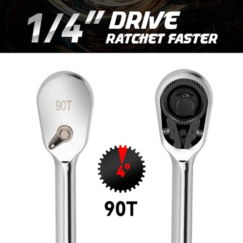 DISEN 1/4" Drive Ratchet,90-Tooth Ratchet Wrench with 7" Handle and Dust Proof Teardrop Enclosed Head, Reversible, CR-V Steel Made, CR-MO Head, Full Polished, Gifts for Men