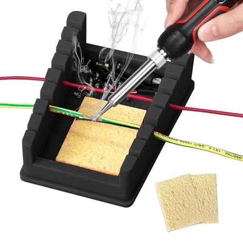 Upgraded Silicone Soldering Stand, Helping Hands Soldering Station, Soldering Wire Holder with 8 Slots Third Hand Soldering Iron Stand for 32AWG to 12AWG Wires 1 Pcs Black with 2 Pcs Solder Sponge