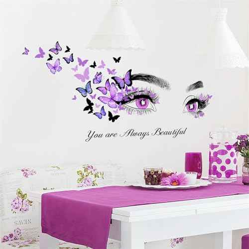 Purple Eyelash Eyes Butterfly Wall Stickers, sacinora Inspirational Quotes Motivational Word DIY Wall Decals Removable Vinyl Peel and Stick for Women Girl Kids Living Room Bedroom Nursery Art Decor