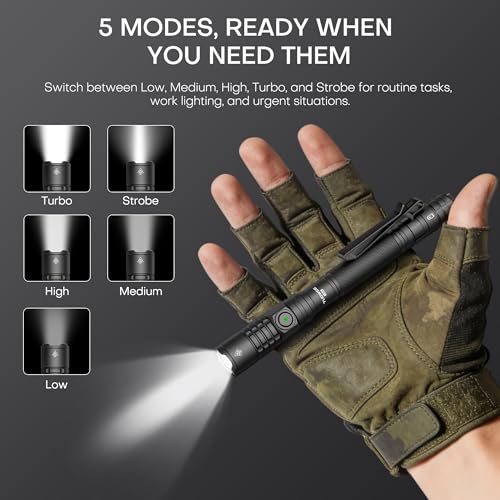 TUOWEE Black Rechargeable 1200 Lumens Tactical EDC Flashlight with Dual Modes