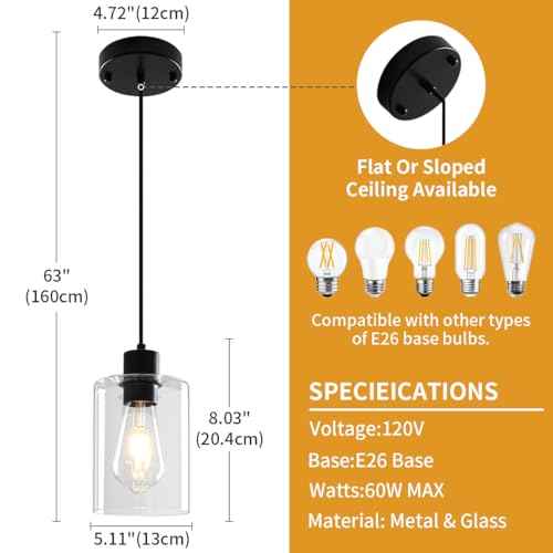 Glass Pendant Lights Kitchen Island 2 Pack, Black Kitchen Pendant Lighting Over Island, Hanging Light Fixtures Modern Pendant Lights for Hallway Entryway Bedroom Dining Room
