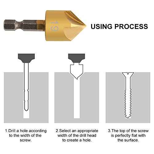 COMOWARE Countersink Drill Bit Set- 7 Pcs Counter Sinker Drill Bits for Wood, Quick Change, 1/4'' Hex Shank, High Speed Steel, 5 Flute 90 Degree Center Punch Tool, 1/4''-3/4''