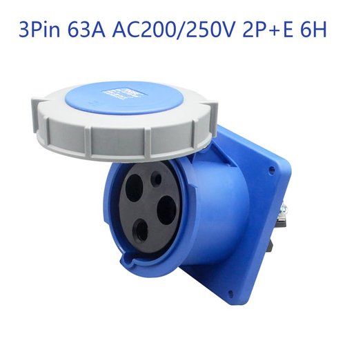 IEC 60309 Waterproof Industrial Connector Socket 3Pin 63A 200V-250V 2P+E 6H IP67 Waterproof Female Connector Power Connecting Industrial Surface Mounted Socket for Aviation and Industry
