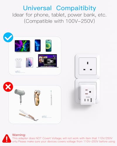 2 Pack UK to US Travel Plug Adapter with USB-C & USB-A Charging - Type G