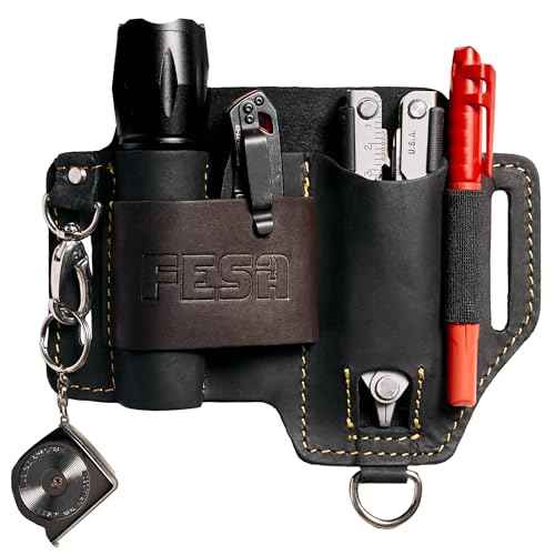 FESA Leather Multitool Sheath for Belt - Leather EDC Pouch Organizer for Tactical Pocket Knife, Flashlight & Pen - with Swivel Snap Hook - Work & Everyday Use Utility EDC Belt Pouch for Men