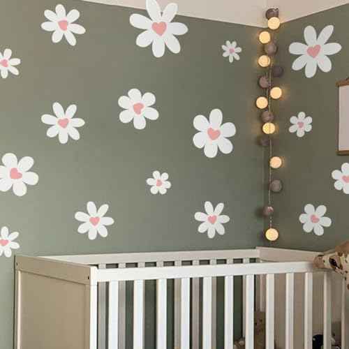 Daisy Wall Decals, Peel and Stick White Flower with Heart Wall Stickers,Daisy Floral Wall Decor for Kids Girls Bedroom Playroom Living Room Nursery