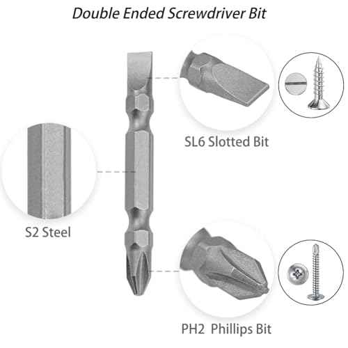 10Pcs Magnetic Slotted Phillips Double Ended Screwdriver Bits PH2/SL6, #2 Phillips and #6 Slotted Dual Head Screw Driver Bits Set with 1/4 inch Hex Shank for Power Tools (2 inch Length)
