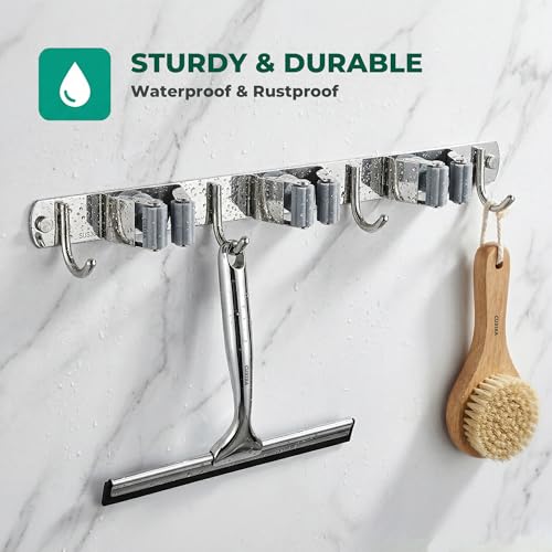 CUXIXA Silver Wall Mount Broom and Mop Holder with 3 Racks & 4 Hooks