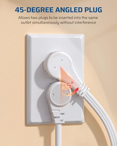 White 15FT Flat Plug Extension Cord with 3 Grounded Outlets, 16/3 SPT-3